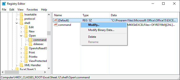 修改 Excel.Sheet.12\shell\Open\command 內的 (Default)