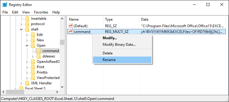 修改 Excel.Sheet.12\shell\Open\command 內 command 的名字