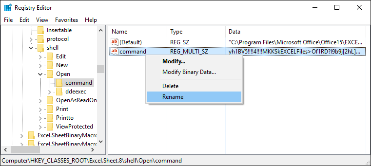 修改 Excel.Sheet.8\shell\Open\command 內 command 的名字