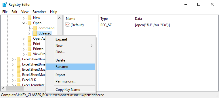 修改 Excel.Sheet.8\shell\Open\ddeexec