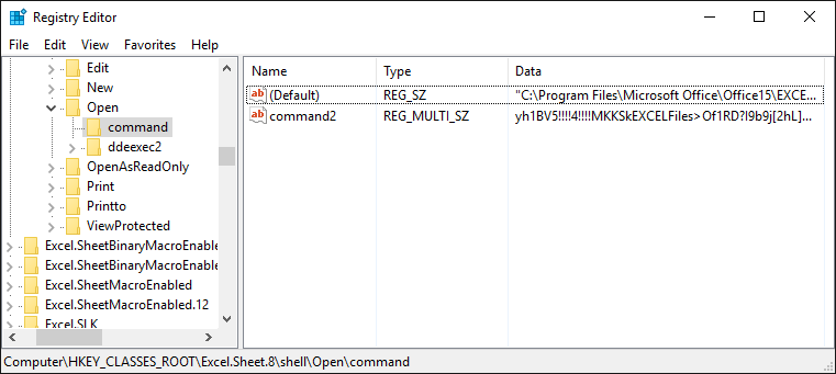 完成修改 Excel.Sheet.8\shell\Open\ddeexec